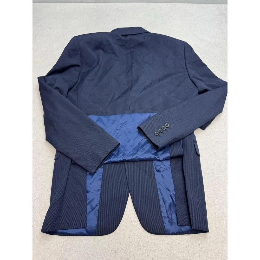 Saks Fifth Avenue Blazer Mens 38 Blue Wool Trim Fit Pinstripe Suit Jacket